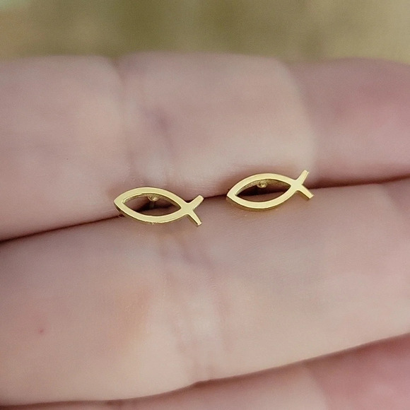 Ichthys Jesus Fish Stud Earrings, Choice of Color - Picture 2 of 7